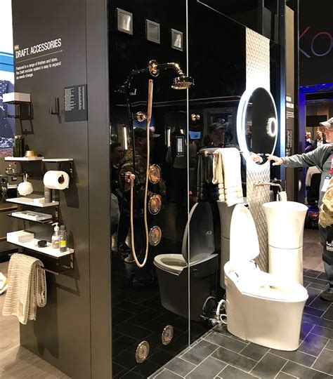 Kohler handsome bath accessories, toilet, rose gold shower hardware KBIS 2019 - Laurel Home