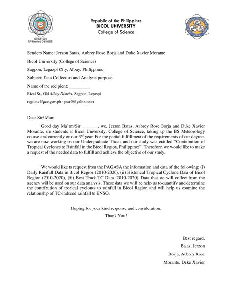 Letter for Data Request - Republic of the Philippines BICOL UNIVERSITY ...