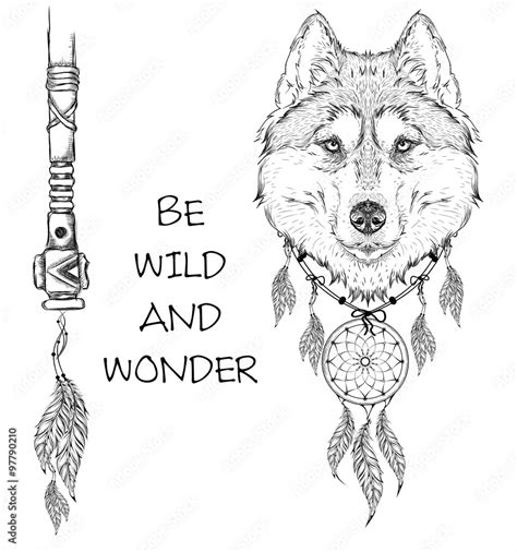 animal hand drawn illustration, wolf indian warrior, native american ...