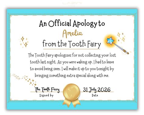 Apology Letter From Fairy, Tooth Fairy Apology Certificate, Late Excuse ...