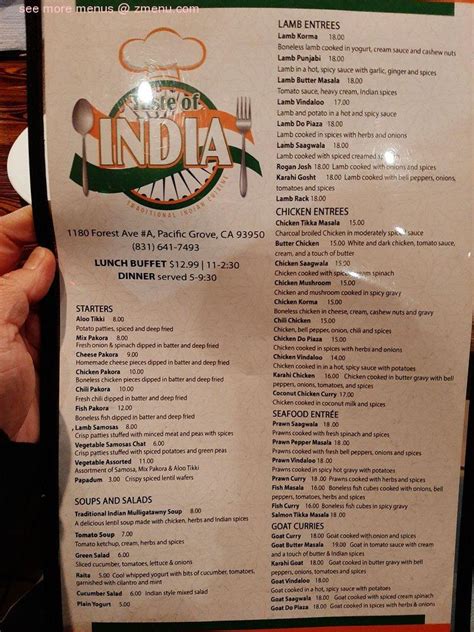 Menu at Taste of India restaurant, Pacific Grove