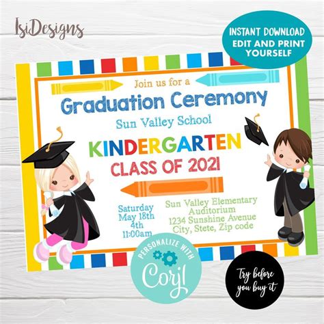 Kindergarten Graduation Ceremony Editable Invitation, Instant Download ...