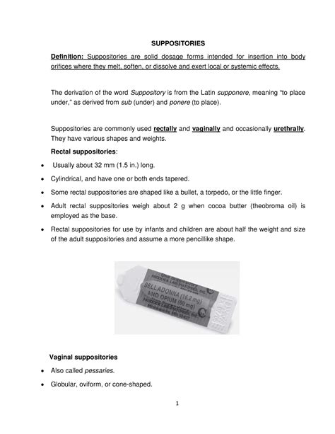 Lecture 1 suppository - dosage form - SUPPOSITORIES Definition: Suppositories are solid dosage ...