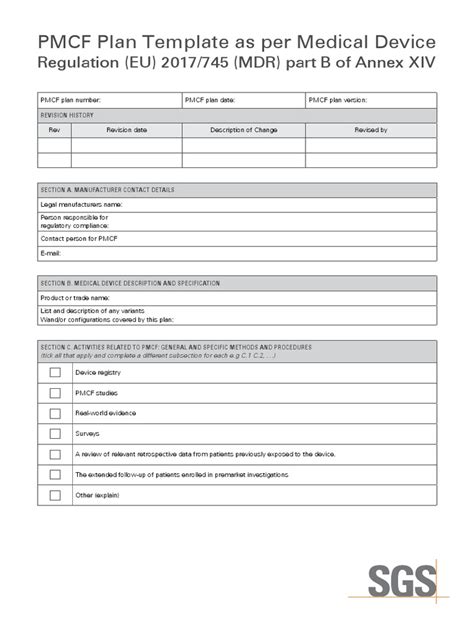 PMCF Plan Template As Per Medical Device: Regulation (EU) 2017/745 (MDR ...