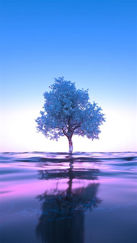 Tree Wallpaper 4K, Neon, Body of Water, Reflection