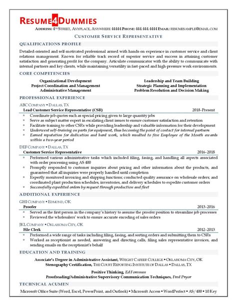 Customer Service Representative Resume Example | Resume4Dummies