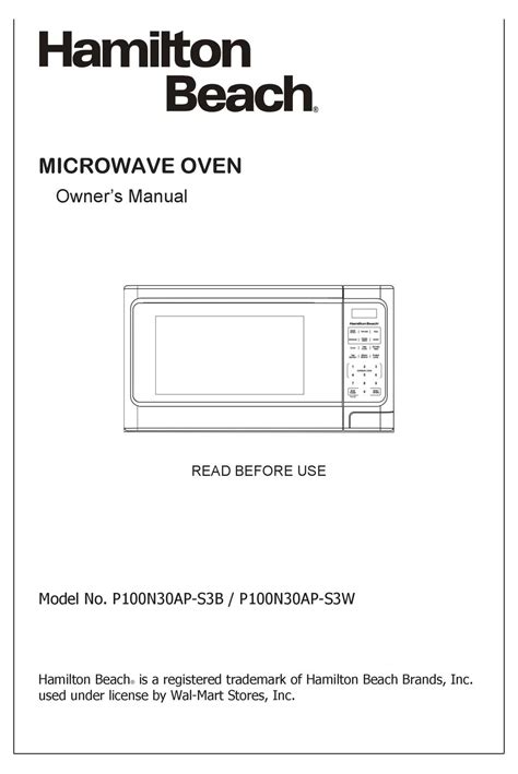 HAMILTON BEACH P100N30AP-S3B MICROWAVE OVEN OWNER'S MANUAL | Manual, Owners manuals, Hamilton beach