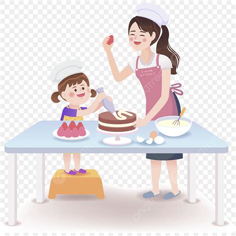 Cake With Mom Happy Mother Bake A Cake, Cute Cartoon Illustration, Warm And Loving, Strawberry ...