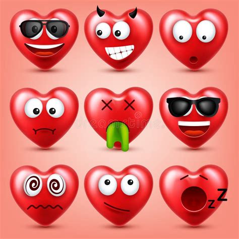 Heart Smiley Emoji Vector Set for Valentines Day. Funny Red Face with ...