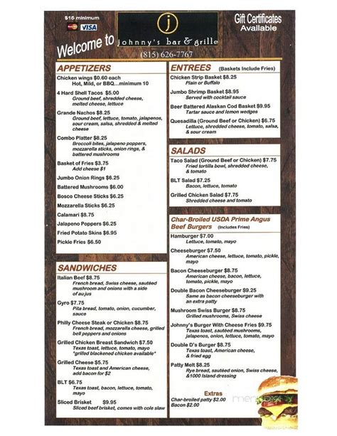 Menu of Johnny's Bar & Grill in Sterling, IL 61081