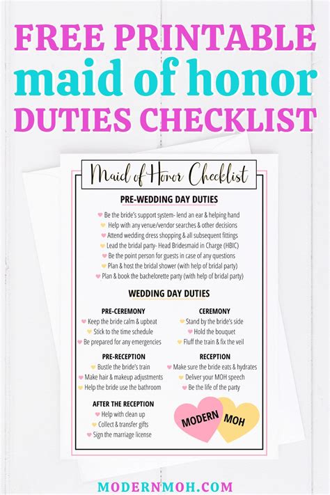 Maid Of Honor Duties Checklist Printable