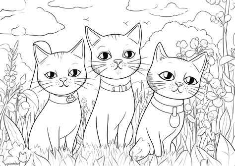 Three cats staring at you - Cat Coloring Pages for adults