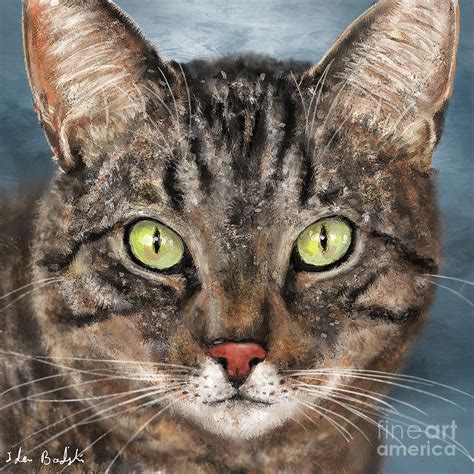 Painting of a Gray Cat Head with Big Penetrating Green Eyes Digital Art ...