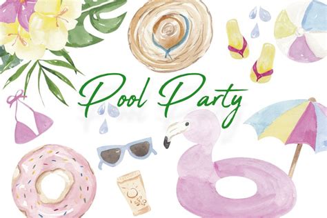 Pool party clipart, pool party invitation design, summer