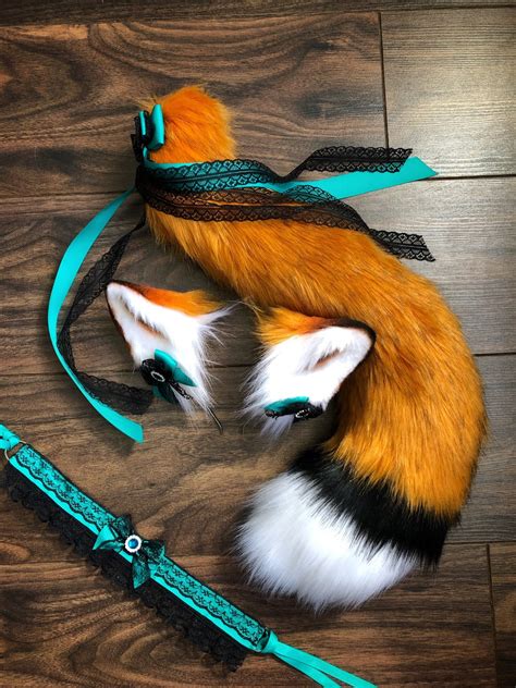 Realistic Fox ears and tail set with bows and choker red fox | Etsy