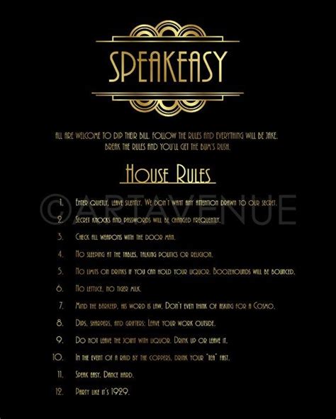 Gatsby Party Decor Printable Sign Speakeasy House Rules Poster Printable Black and Gold Art Deco ...