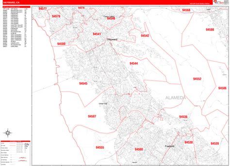 Hayward California Zip Code Wall Map (Red Line Style) by MarketMAPS - MapSales