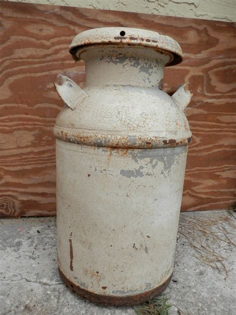 antique metal milk can milk jug with lid old white chippy