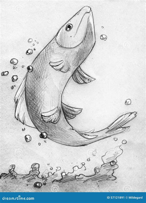 Fish Jumping Out of Water - Pencil Sketch Stock Illustration - Illustration of pencil, jump ...