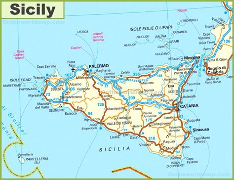 Road map of Sicily with cities and towns - Ontheworldmap.com