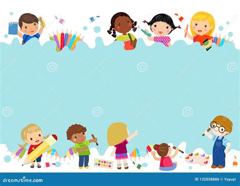 Happy kids painting stock vector. Illustration of indoors - 132038886