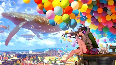 Colorful City Anime Girl Blowing Bubbles Wallpaper,HD Anime Wallpapers ...