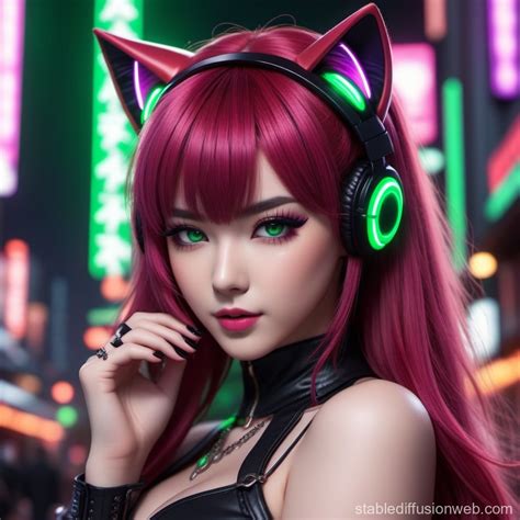 Cyberpunk Anime Girl with Goth, Feline, and Mushroom Themes | Stable Diffusion en línea