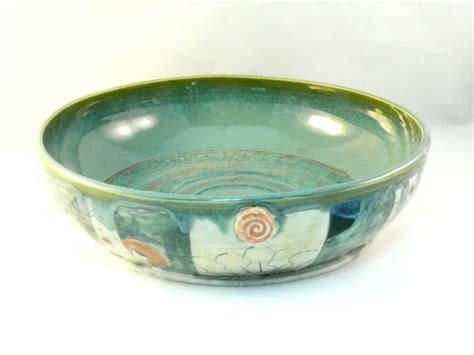 Large handmade ceramic pasta serving bowl in green Artistic