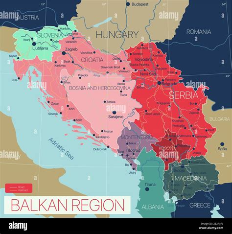 Balkan region detailed editable map with cities and towns, roads and railways. Vector EPS-10 ...