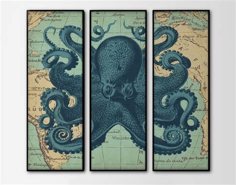 Nautical Map Octopus Triptych Set of 3 Large Prints by BySamantha, $45.00 | Nautical map, Prints ...