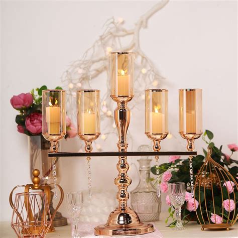 24" Tall | 5 Arm Gold Metal Candle Stand Candelabra With Glass Tubes & Clear Crystal Pendants ...