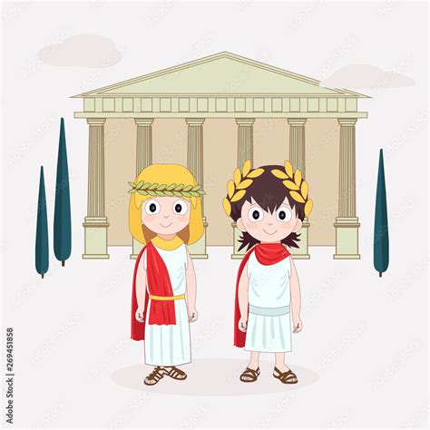 Cartoon character Girl and boy wearing ancient costume. Ancient Rome for children. Vector ...