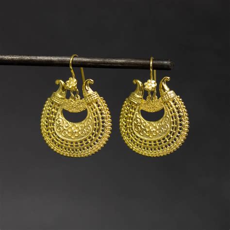 Gold Filigree Earrings, Gold Granulation Drop Earrings, Detailed Gold Earrings, Indian Dangle ...