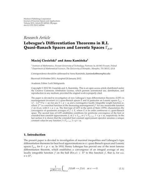 (PDF) Lebesgue's Differentiation Theorems in R.I. Quasi-Banach Spaces and Lorentz Spaces Γ p , w