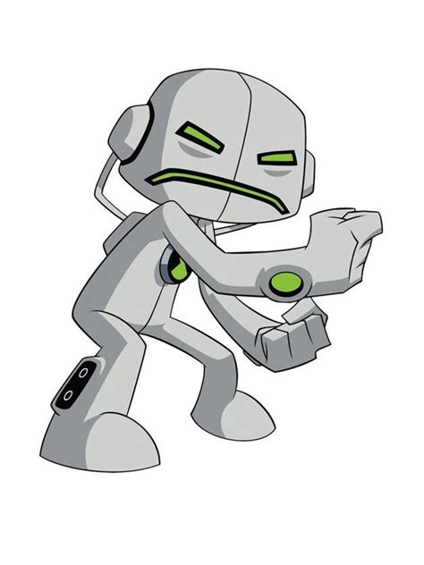a cartoon robot with green eyes and arms