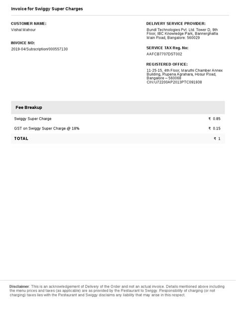 Invoice For Swiggy Super Charges: Fee Breakup | PDF