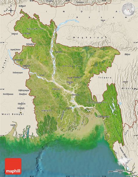 Satellite Map of Bangladesh, shaded relief outside, satellite sea