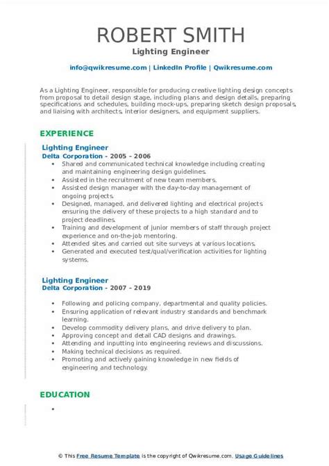 Lighting Engineer Resume Samples | QwikResume