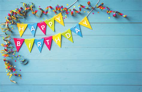 Happy Birthday Party Background With Text And Colorful Tools Stock Photo - Download Image Now ...