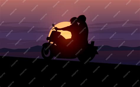 Premium Vector | Silhouette illustration of motorcycle ride at sunset