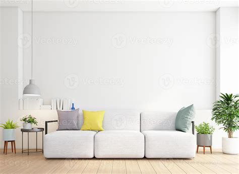 Minimalist living room with sofa and side table. white wall and wood floor. 3d rendering 7114273 ...