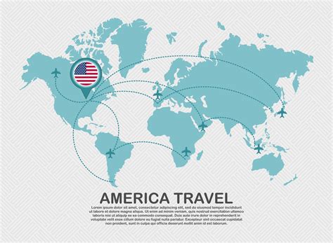 Travel to America poster with world map and flying plane route business background tourism ...