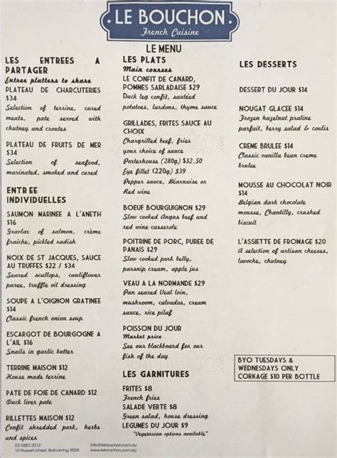 Menu at Le Bouchon French Cuisine restaurant, Balnarring