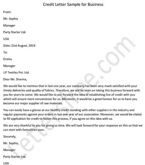 Credit Letter Sample for Business | Letter of Credit