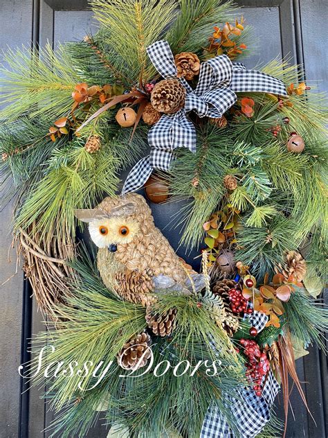 Winter Wreath, Owl Front Door Winter Wreath, Pine Wreath, Wreath ...