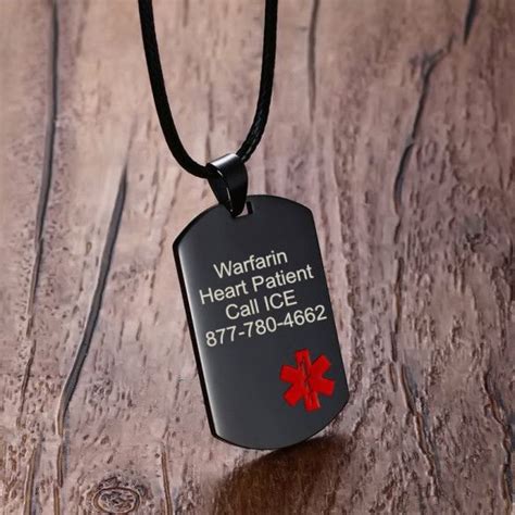 Engraved Black Medical Alert Dog Tag with Black Cord | Engraved Medical Alert Necklace ...