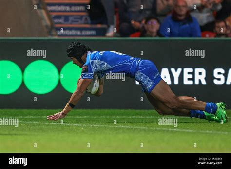 Stephen Crichton of Samoa goes over for a try during the Rugby League ...