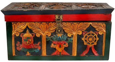 Tibetan Buddhist Ritual Box with Auspicious Ashtamangala Symbols