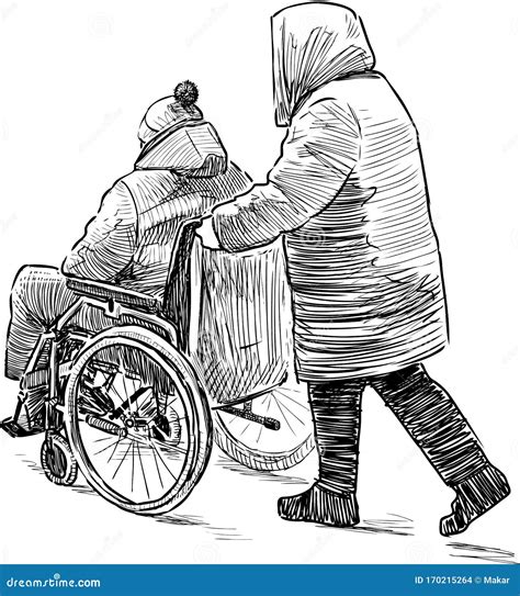 Sketch of Disabled Person in Wheelchair with Nurse on a Walk Stock ...