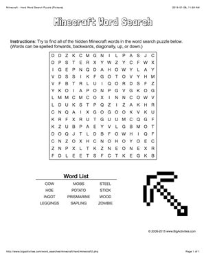 Minecraft word search puzzle with a pickaxe. 4 levels of difficulty. Word search changes each ...